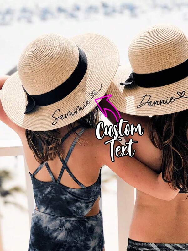 1 pieza Sombrero de paja personalizado con texto bordado para niños, adecuado para uso diario, sombrero de playa personalizado para niñas - Sombrero para verano para niña pequeña - Gorro de floppy para chicas - Gorra de sol con lazo negro - gorro para niño al aire libre - Guarnitura, Multiusos, ornamental, letter, elegante, moderno, colorido, lindo, adorable, casual, personalizado, único, ideal para regalos, regalos de regalo, regalo para él