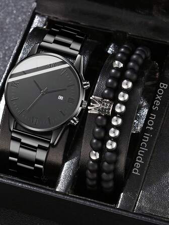 3Pcs Men's Black Strap Fashionable Casual Business Strap Calendar Function Circular Dial Quartz Watch Bracelet Set For Daily Wear Or Holiday Gifts