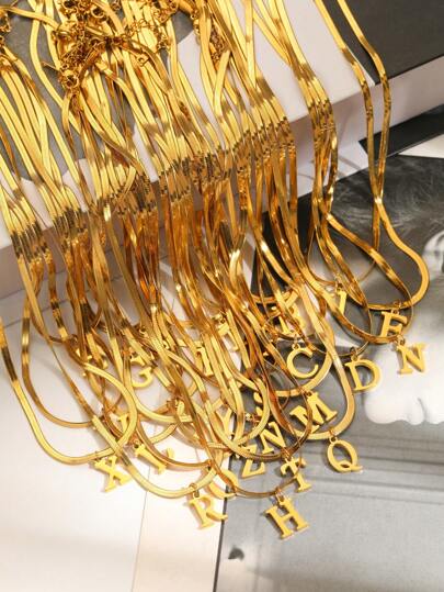 1pc Minimalist 26 Letter Charm Snake Bone Chain Necklace, Stainless Steel 18K Gold Plated