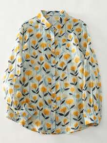 Macaron Color Ditsy Floral Blouse, Versatile Loose Fit Lightweight Shirt, Layering Piece For Women