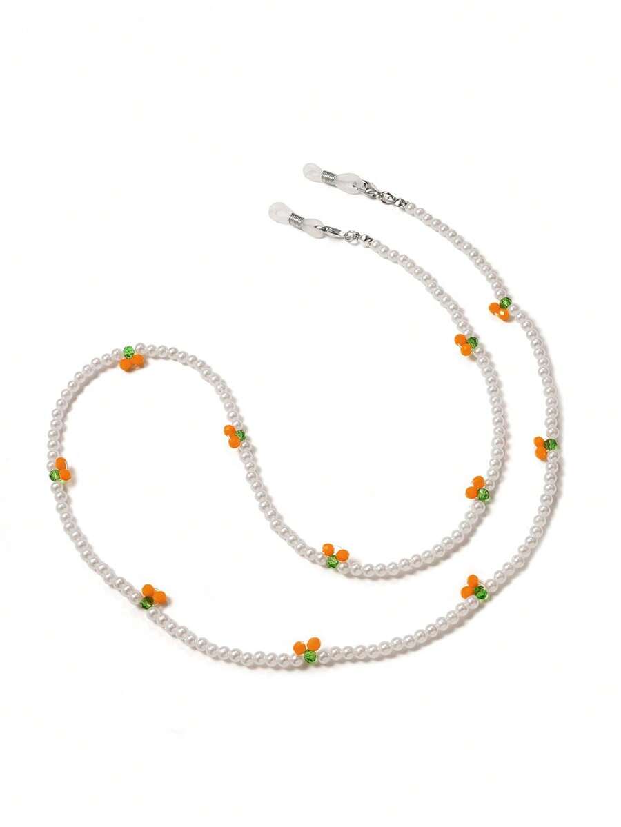 1pc Crystal Eyeglasses Chain, Multi-Purpose Necklace, Beaded Pearl & Cherry Mask Chain, Anti-Drop Hanging Chain [Cherry Beaded] - Orange - View 1