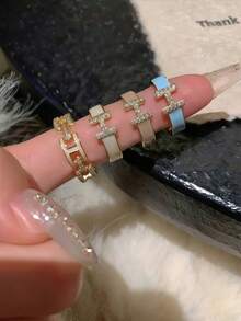 1pc/4pcs Set Letter "H" Enamel Micro Inlaid Zirconia Ring, Luxury Feeling Open Ring Suitable For Women's Daily Life, Travel, Dating, Evening Party, Beach Vacation, Back To School, Graduation, Holidays And Party Gifts