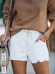 Women's Pocket Frayed Hem Denim Shorts, Casual Summer Style