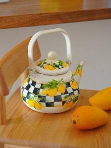 1 套，格纹柠檬花珐琅复古钟和梨形茶壶，家用下午茶壶，户外露营便携式水壶，多功能厨房燃气/电炉加热水壶，送给长辈、亲戚和朋友的绝佳礼物 - 方格檸檬花 - 查看 10