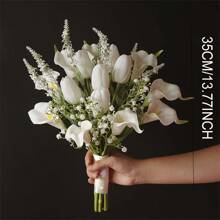 Bridesmaid Artificial Flower Bouquet For Wedding, White Tulip & Calla Lily Floral Arrangement, Bridal Bouquet, Wedding, Ceremony, Anniversary, Fake Flowers Spring Home Decor, Photography Props, Centerpiece, Party Table Decor, Holiday Decoration, Easter Gift, Birthday, Graduation