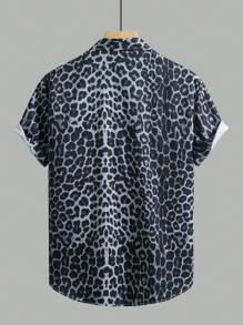 Men's Single-Breasted Short Sleeve Leopard Print Cardigan Shirt