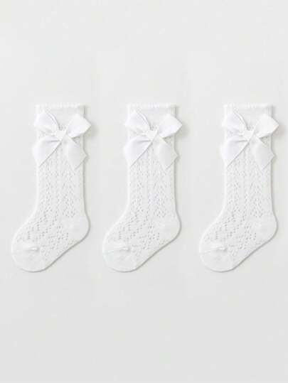 3 pares de calcetines hasta la rodilla con lazo y malla blanca para niños, estilo de princesa, transpirables y anti-mosquitos