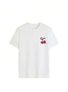 Camiseta casual feminina com estampa de cereja vermelha e gola redonda, manga curta, elegante e versátil para uso diário na primavera/verão