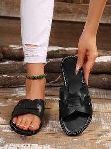 Women's Slip-On Flat Sandals, Open Toe Hollow Out, Summer Casual Fashion Beach Shoes,Holiday Essential - Black - View 5