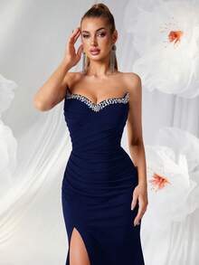 ADYCE Vestido largo de noche con hombros descubiertos y escote en V para fiesta de mujeres, decorado con rhinestones, con espalda sin tirantes y abertura, con cordones en la espalda, para cena, club, baile y banquete