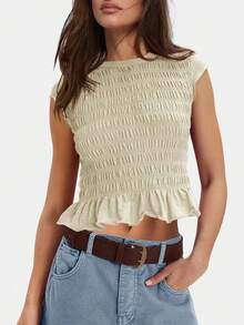 Women Y2K Smocked Shirt Top Summer Cap Sleeve Slim Fit Ruffle Hem Shirred T Shirts Ruched Frill Crop Tank Tops Summer Going Out Tops Tees Streetwear - Màu be - Xem 1