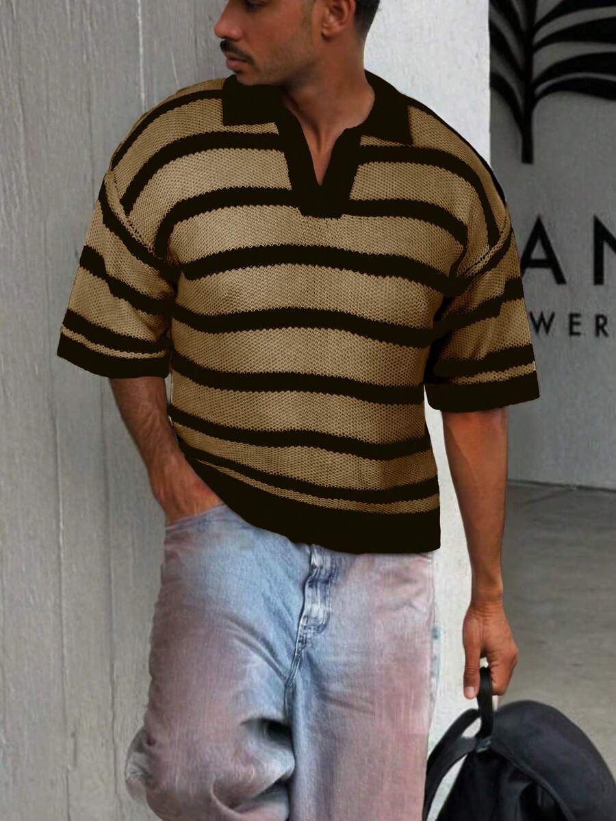 男女通用宽松条纹休闲简约商务通勤 Polo 领短袖针织套头衫，春夏秋季 - 咖啡棕 - 查看 1