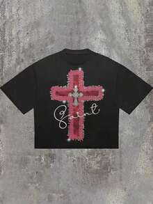 Plus Size Men's,Giant Pink Cross ,(1 Pcs )100% Cotton Casual Printed T-Shirt,Crew Neck Short Sleeve,220g  Cotton T-Shirt,For Going Out,Gift,Summer,Unisex - 黑色 - 查看 1
