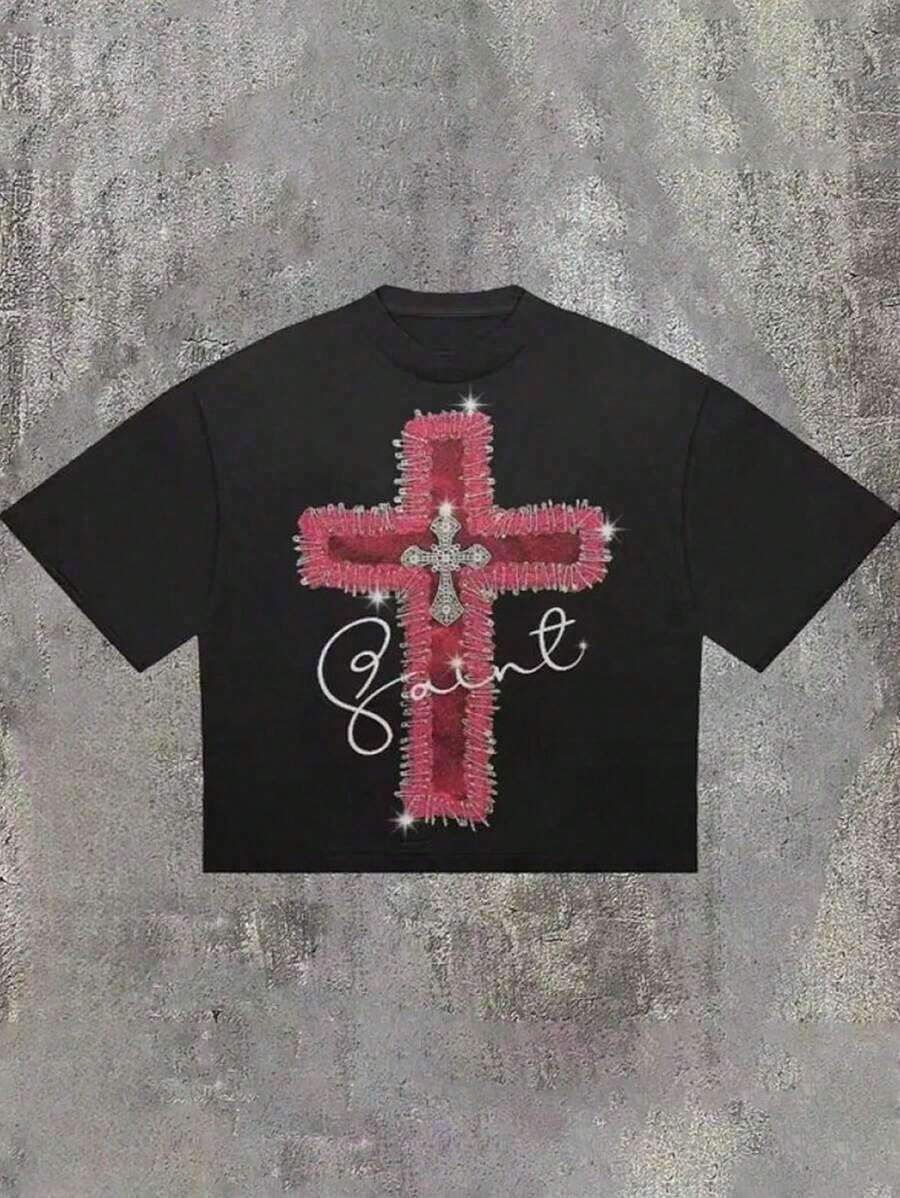 Plus Size Men's,Giant Pink Cross ,(1 Pcs )100% Cotton Casual Printed T-Shirt,Crew Neck Short Sleeve,220g  Cotton T-Shirt,For Going Out,Gift,Summer,Unisex - 黑色 - 查看 1