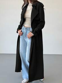 Jeta Ari Áo khoác dài thắt eo hai hàng khuy trang trí ve áo chống gió màu cà phê mới, phong cách thường ngày - màu đen - Xem 8
