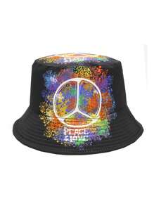 Casual Summer "Peace Love" Print Vacation Bucket Hat, Unisex Boho Style Reversible Sun Protection Bucket Hat