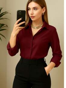 Camisa Social Feminina Manga Longa Lisa Com Botoes Na Frente