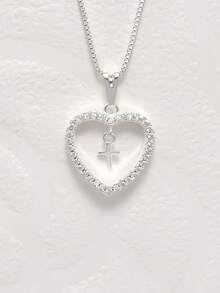 Necklace With Heart-Shaped Pendant Inlaid With Zirconia And A Cross Of Jesus Inside The Pendant. 925 Silver Plated - Bạc - Xem 3