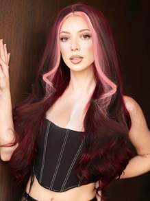 26 英寸粉色/伯格长波浪 4*1 U 型蕾丝长伯格波浪假发 长卷发合成蕾丝假发 中分 适合女士日常派对使用 - 挑染紅色 - 查看 4