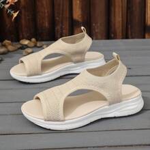 Sandalias deportivas de punto, sandalias con suela gruesa en blanco y negro, sandalias de estilo bohemio de patchwork y calado, estilo casual de vacaciones para mujer, sandalias de playa de verano con suela blanda