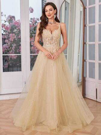 Champagne Tulle Slip Dress Long A Line Sparkly Embroidery Prom Dress