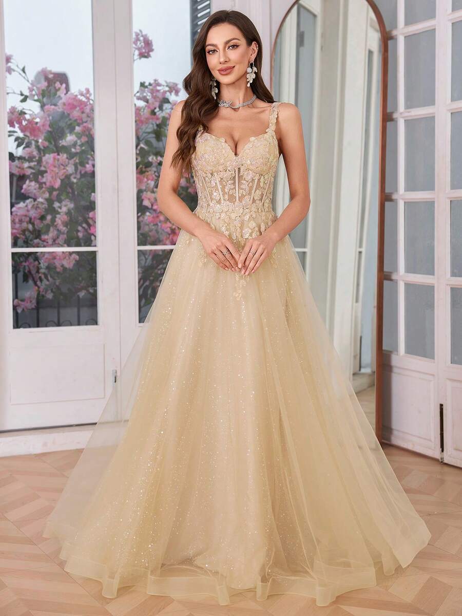 Champagne Tulle Slip Dress Long A Line Sparkly Embroidery Prom Dress - Champagne - View 1