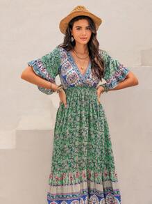Rusttydustty Vestido de verano elegante con cruce floral azul para mujer de talla grande, ideal para vacaciones en la playa, Día de San Valentín, fiestas de verano, Coachella, Hawái, y viajes tropicales con volantes