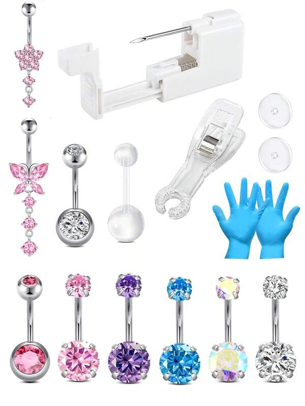 Bauchnabel-Piercing-Set mit Pistole, Bauchnabel-Piercing-Set, Bauchnabel-Piercing-Pistole, Bauchnabel-Piercing-Set, Bauchnabel-Piercing-Ring-Set, Bauchnabel-Piercing-Pistole in Blau