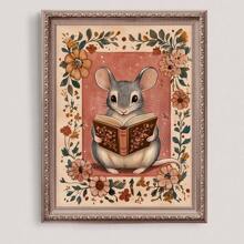 1 pezzo Stampa su tela con cartellone artistico naif di un topolino che legge, senza cornice, per nido d'infanzia, stile cottagecore accogliente, arte da parete minimalista rustica vintage per amanti dei libri, salotto, camera da letto, decorazione moderna per casa, sopra il letto