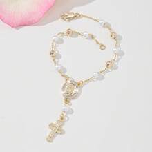 Catholic Pearl Beaded Bracelet, Virgin Mary & Jesus Cross Pendant Rosary Bracelet, Religious Jewelry, Church Baptism Gift, Durable Hypoallergenic Jewelry, Wedding Gift, Unisex - Maria - View 4