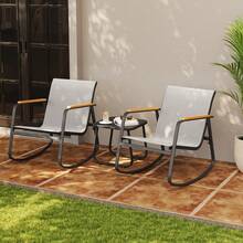 Lofka 3 Piece Rocking Bistro Set, Textilene Fabric Patio Furniture Set, Front Porch Rocker Chairs With Coffee Table For Lawn, Garden, Balcony, Poolside ,Outdoor Furniture - 灰色 - 查看 1