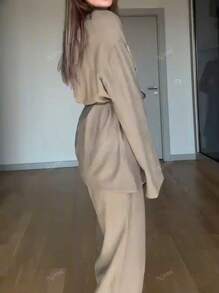 Conjunto de 2 piezas de pantalones con cintura ajustable y casuales + cardigan de manga larga, de unicolor para el verano