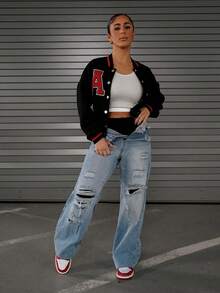 SAYEHFBABY 长袖休闲字母贴花运动夹克 - 黑色 - 查看 2