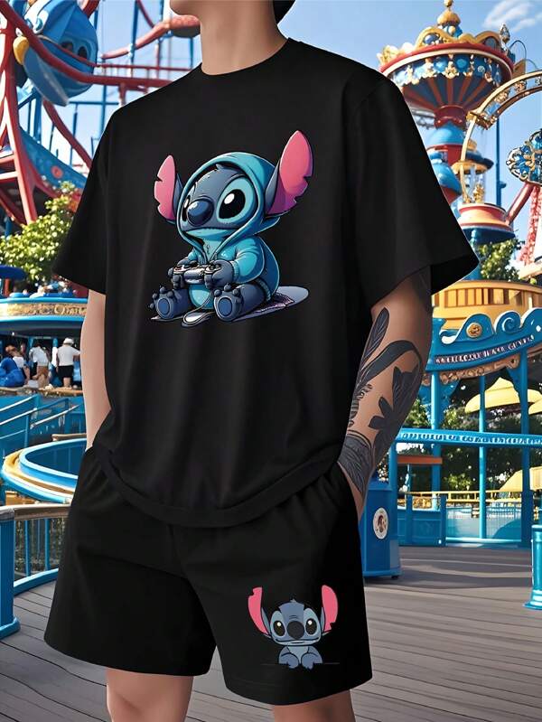 Disney Stitch 2pcs/Set Men Summer Casual Short Sleeve T-Shirt With Printed Design And Sports Shorts, Men Home Leisure Pajama Set