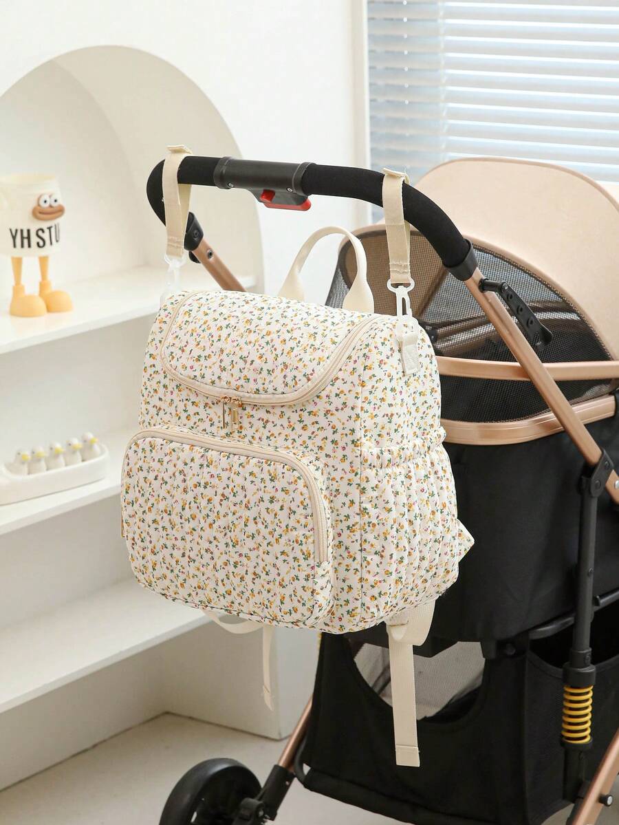1 pieza Mochila multifunción de gran capacidad con estampado floral para mamá, se puede colgar en el cochecito