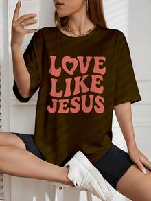 Camiseta Feminina Básica Love Like Jesus Camisa de Algodão Moda Blogueira - Marrom - Visão 1