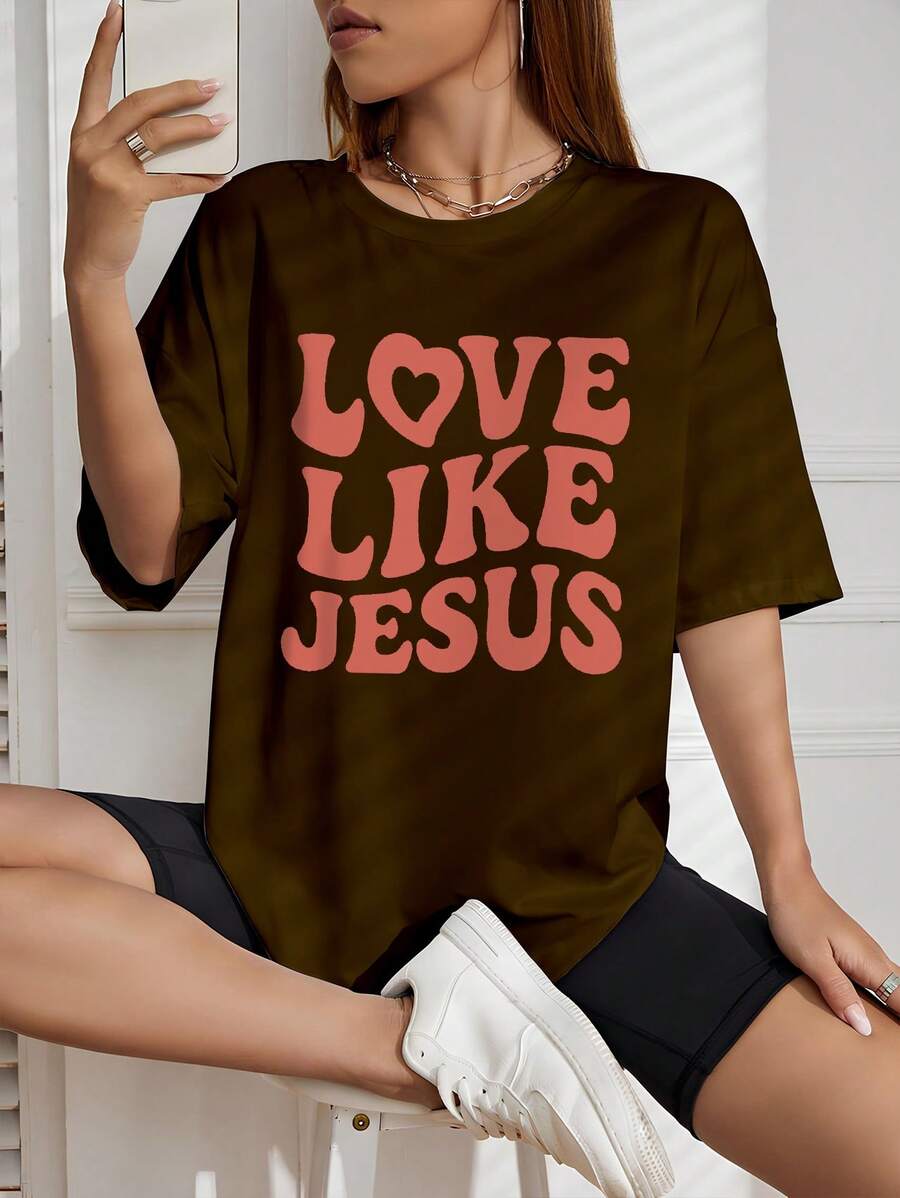 Camiseta Feminina Básica Love Like Jesus Camisa de Algodão Moda Blogueira - Marrom - Visão 1