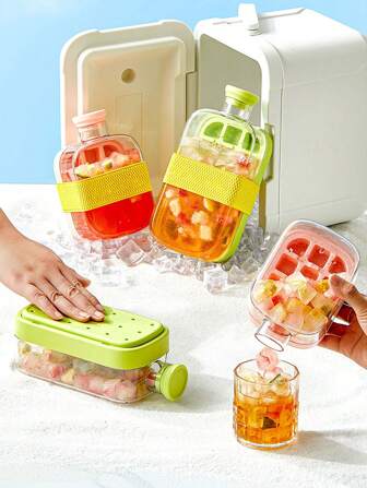 1pc 2-In-1 Water Bottle With Straw Tie & Ice Cubes Tray, Press To Fill Stylish Portable Ice Maker Cup