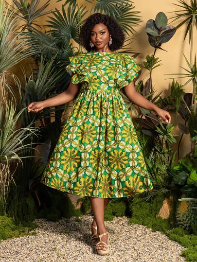 Vestido maxi de línea A con escote redondo y mangas de vuelo para mujer talla grande | Ajuste cómodo de talla grande con silueta elegante | Perfecto para vacaciones en la playa, salidas de fin de semana, citas casuales de brunch y paseos por la ciudad