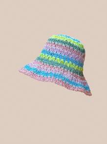 1 pièce Chapeau seau en paille rayé bicolore pour femmes, adapté pour le port quotidien, les sorties d'été et les vacances pour la protection solaire Boho