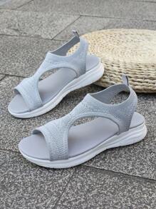 Knitted Sports Sandals, White Thick-Sole Solid Color Bohemian Hollow-Out Casual Ladies Beach Resort Shoes, Summer