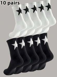 1/5/10 Pairs Unisex Casual Street Style Black & White Pentagram Patterned Mid-Calf Socks, Fashion & Versatile, Fall - Black and White - View 15