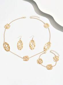 4 pièces Set de bijoux élégants pour femmes, style rétro boho géométrique en métal, collier + boucles d'oreilles + bracelet avec design ovale, carré, spiralé. Convient pour le Moyen-Orient, usage quotidien, soirée, rue, cadeau de vacances, accessoire polyvalent