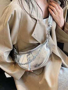 女士日常腰包/胸包/单肩包，时尚休闲链条小包 - 銀色 - 查看 2