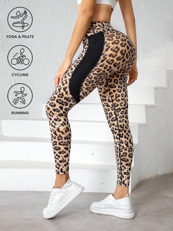 Leopard Muster Patchwork Farbige Outdoor Sport Leggings, einfach und lässig für den täglichen Gebrauch, Gym, Yoga Hosen