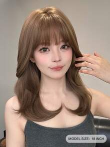 alicegarden 1 件亚麻棕色合成耐热微量假发，带刘海，18 英寸长，由纤维制成，适合日常使用，自然逼真的假发。 - 亞麻棕 - 查看 2