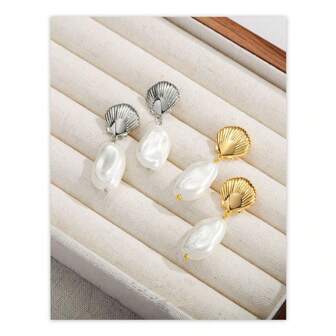 1 Pair 925 Sterling Silver Baroque Pearl Faux Pearl Design Earrings, Luxury Gift Box Packaging