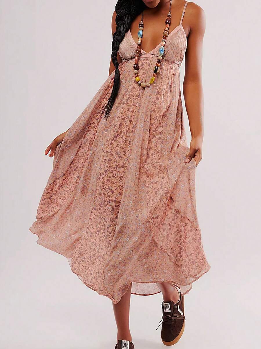 Womens Boho Floral Maxi Dress Spaghetti Strap Sleeveless Backless Long Flowy Dress Vintage Deep V-Neck Ruffle Tiered Sundress Summer Beach Party Vacation Dresses - màu nâu - Xem 1