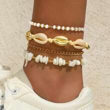 Set de tobillera de cadena con piedras trituradas de verano para mujer, pulsera para el tobillo con dije de concha estilo bohemio, joyería hecha a mano de color dorado con cuentas y lentejuelas, accesorio de playa para pies descalzos