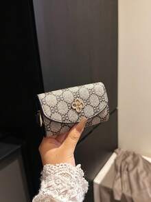 新款女式 PU 花卉印花图案小翻盖钥匙包奢华复古简约欧式美式风格便捷手提包礼品迷你钱包女式钱包 - 黑色 - 查看 2